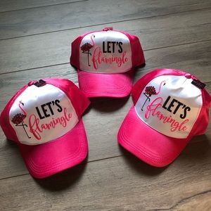 •Let’s Flamingle•Trucker Hats•Pink Satin & Sequins
